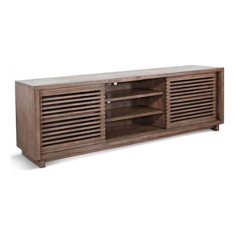 Benjara Jave TV Stand Media Cabinet- Slatted Doors and Shelves- Brown 75 Inch
