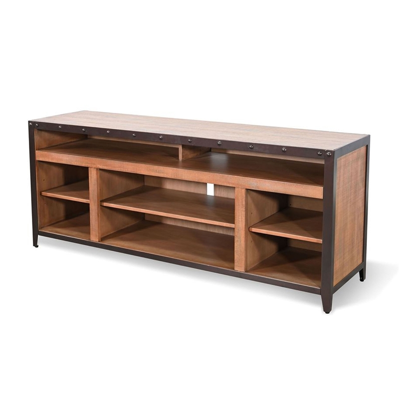 Benjara Indir TV Stand Media Cabinet- Open Shelves- Metal- Brown Wood- 66 Inch