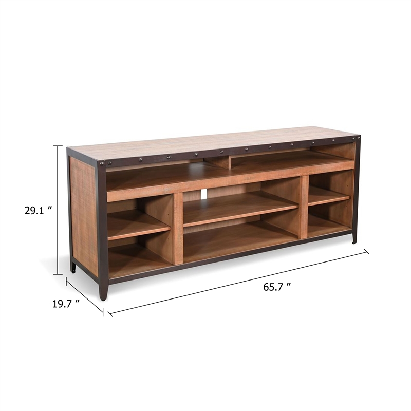 Benjara Indir TV Stand Media Cabinet- Open Shelves- Metal- Brown Wood- 66 Inch