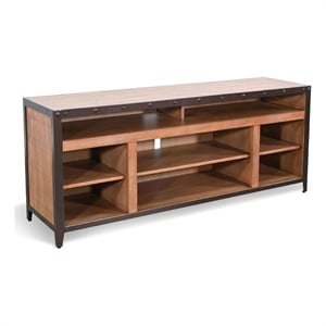 Benjara Indir TV Stand Media Cabinet- Open Shelves- Metal- Brown Wood- 66 Inch