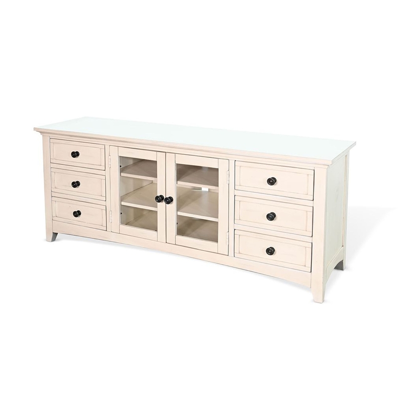 Benjara Xyla TV Stand Media Cabinet Glass Door- 6 Drawers- White Wood- 62 Inch