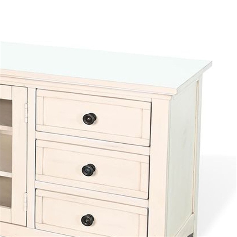Benjara Xyla TV Stand Media Cabinet Glass Door- 6 Drawers- White Wood- 62 Inch