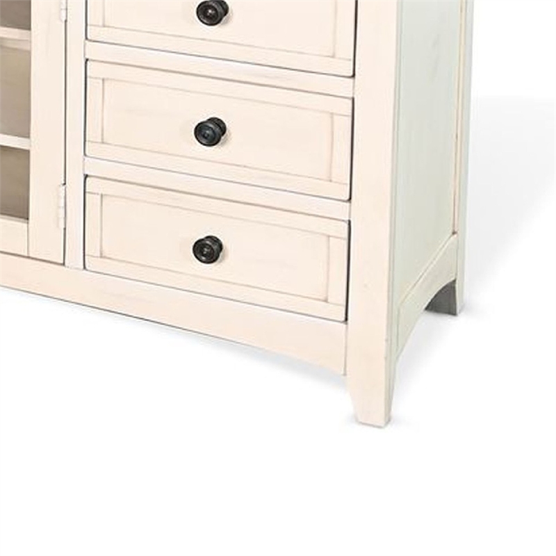 Benjara Xyla TV Stand Media Cabinet Glass Door- 6 Drawers- White Wood- 62 Inch