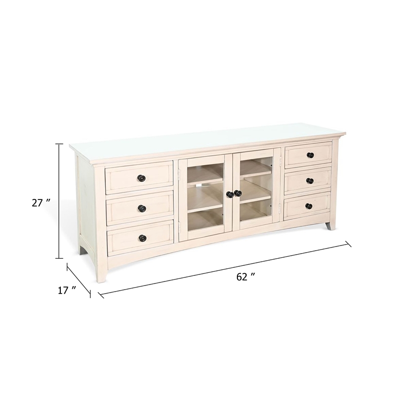 Benjara Xyla TV Stand Media Cabinet Glass Door- 6 Drawers- White Wood- 62 Inch