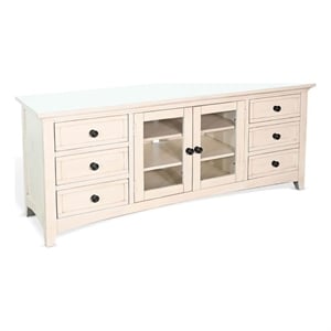 Benjara Xyla TV Stand Media Cabinet Glass Door- 6 Drawers- White Wood- 62 Inch