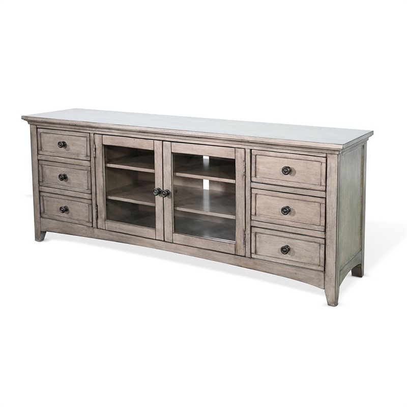 Benjara Xyla TV Stand Media Cabinet Glass Door- 6 Drawers- Gray Wood- 62 Inch