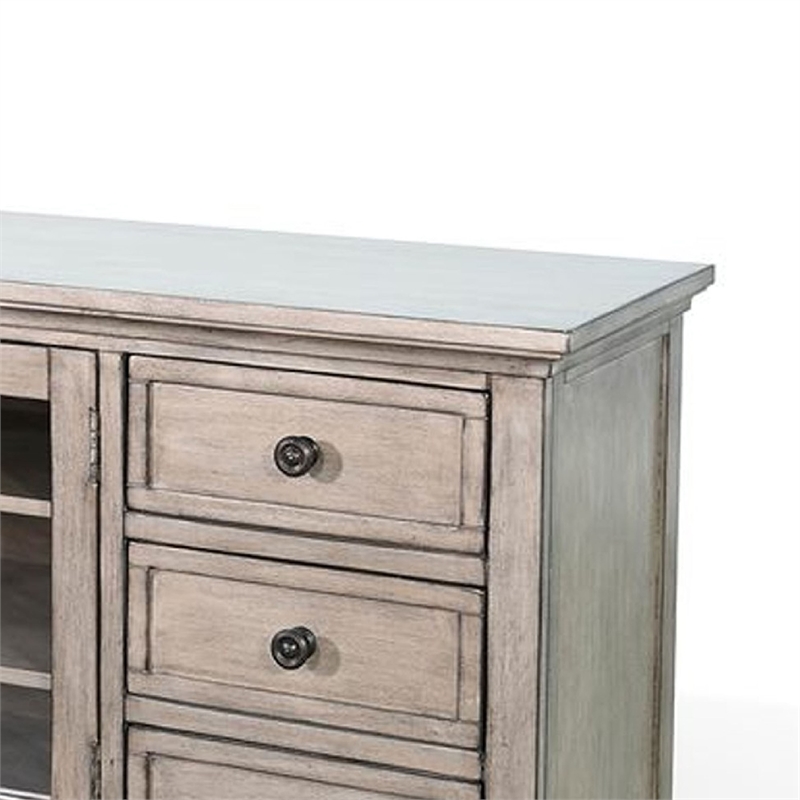 Benjara Xyla TV Stand Media Cabinet Glass Door- 6 Drawers- Gray Wood- 62 Inch