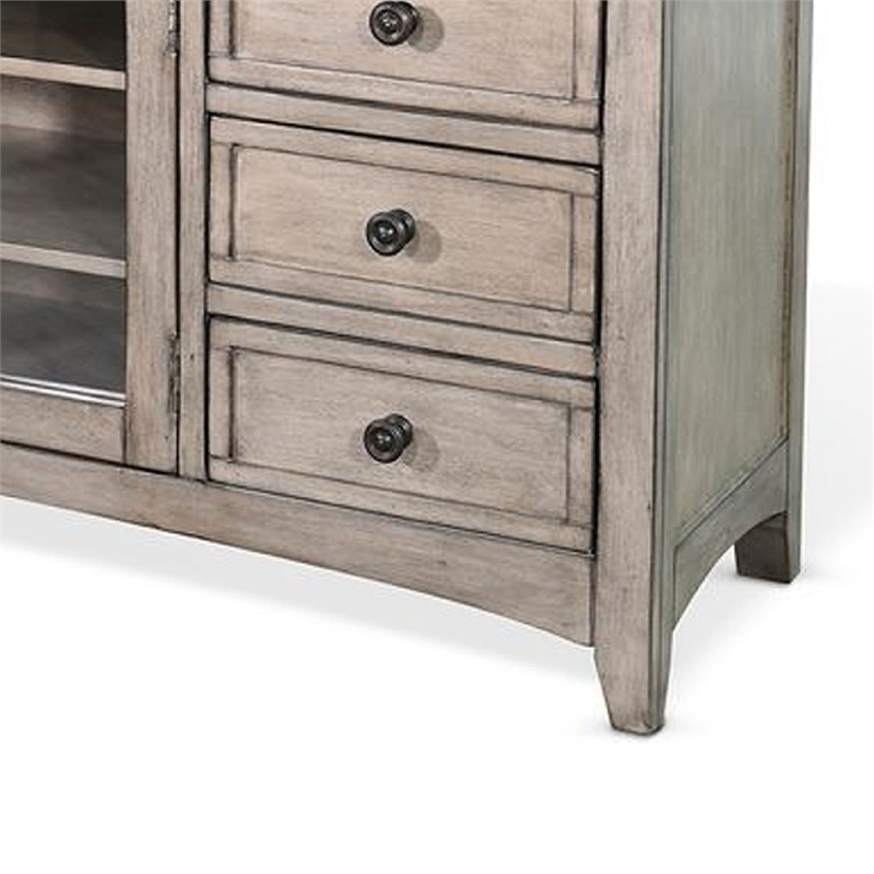 Benjara Xyla TV Stand Media Cabinet Glass Door- 6 Drawers- Gray Wood- 62 Inch