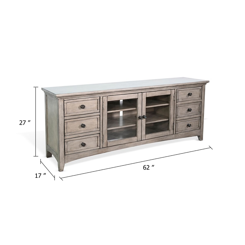 Benjara Xyla TV Stand Media Cabinet Glass Door- 6 Drawers- Gray Wood- 62 Inch