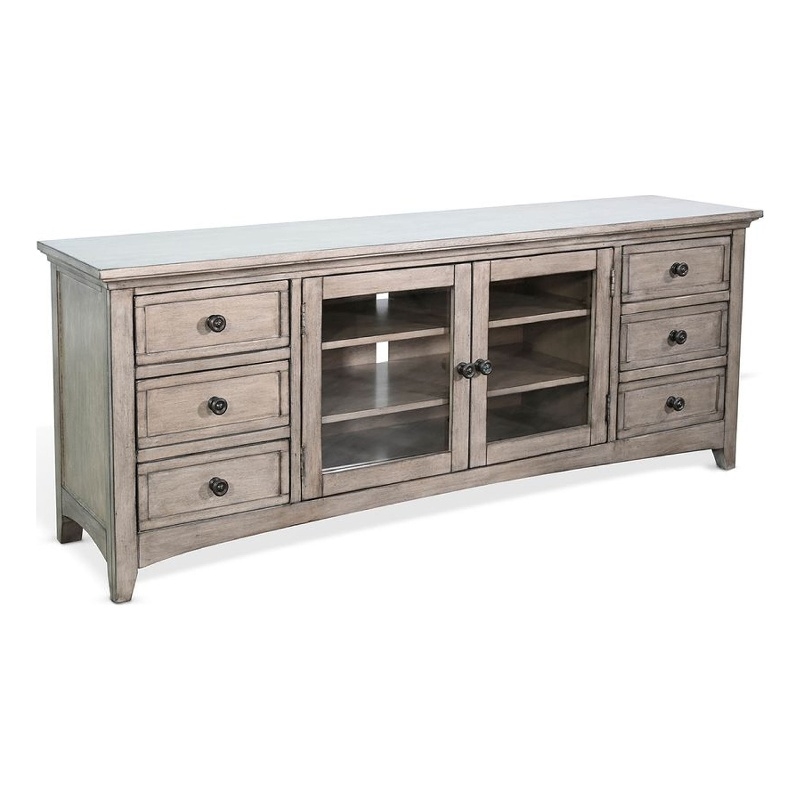 Benjara Xyla TV Stand Media Cabinet Glass Door- 6 Drawers- Gray Wood- 62 Inch