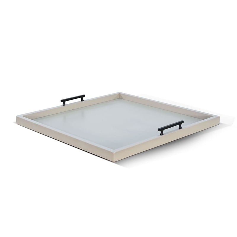 Benjara Yela Decorative Tray- 27x27 Square with Black Handles- Light Gray