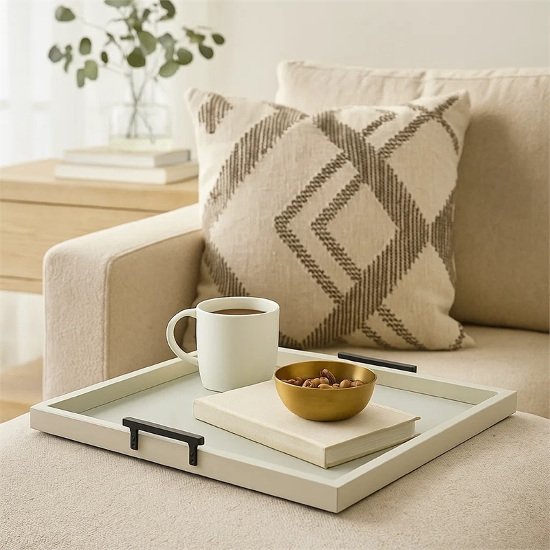 Benjara Yela Decorative Tray- 27x27 Square with Black Handles- Light Gray