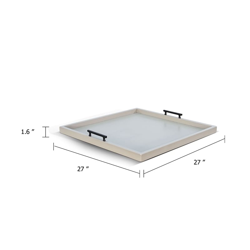 Benjara Yela Decorative Tray- 27x27 Square with Black Handles- Light Gray