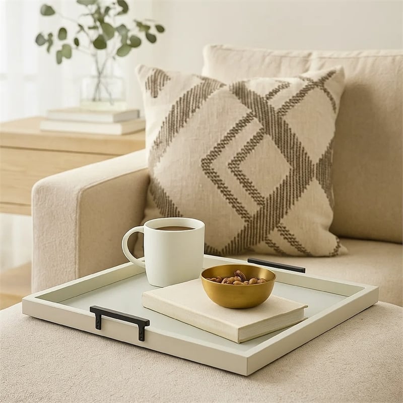 Benjara Yela Decorative Tray- 27x27 Square with Black Handles- Light Gray