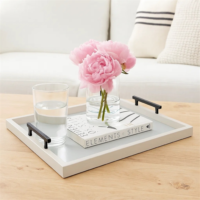 Benjara Yela Decorative Tray- 27x27 Square with Black Handles- Light Gray