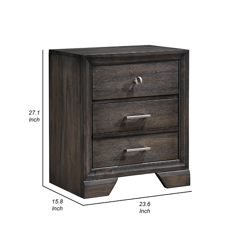 Benjara Jeni Nightstand- 3 Drawers- Chrome Metal Handles- Rustic Dark Gray