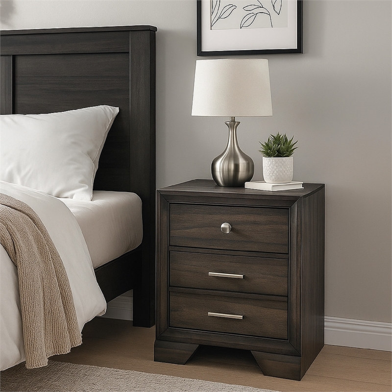 Benjara Jeni Nightstand- 3 Drawers- Chrome Metal Handles- Rustic Dark Gray