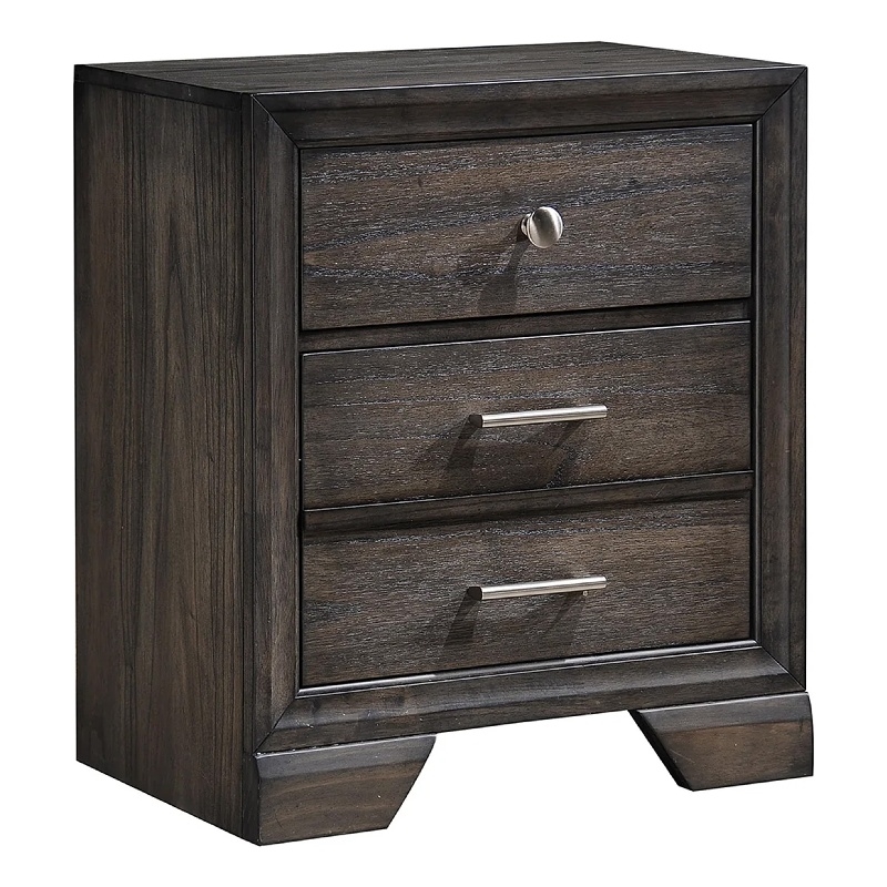 Benjara Jeni Nightstand- 3 Drawers- Chrome Metal Handles- Rustic Dark Gray