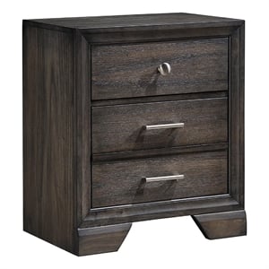 Benjara Jeni Nightstand- 3 Drawers- Chrome Metal Handles- Rustic Dark Gray