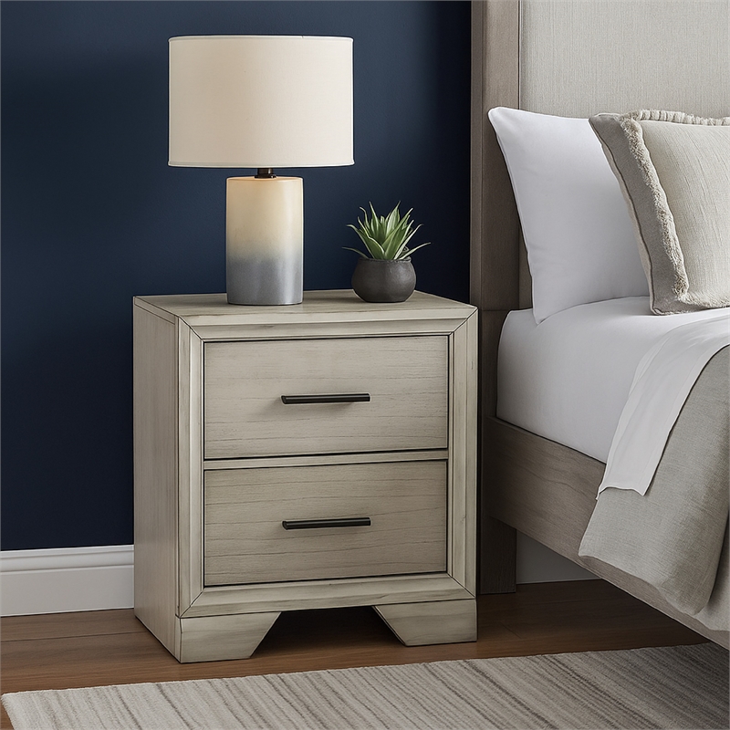 Benjara Jeni Nightstand- 2 Drawers- Chrome Handles- Rustic White Mist