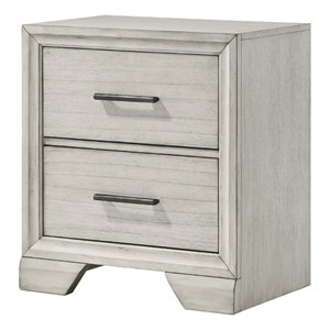 Benjara Jeni Nightstand- 2 Drawers- Chrome Handles- Rustic White Mist
