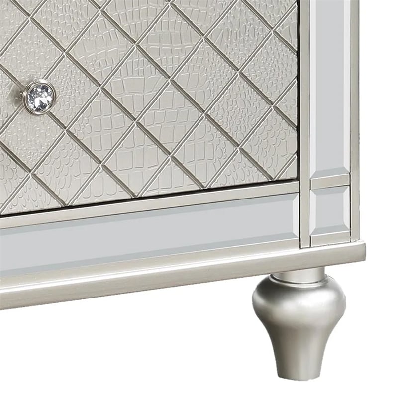 Benjara Cristo Nightstand- 2 Dovetail Drawers- Crystal Knobs- Champagne Silver