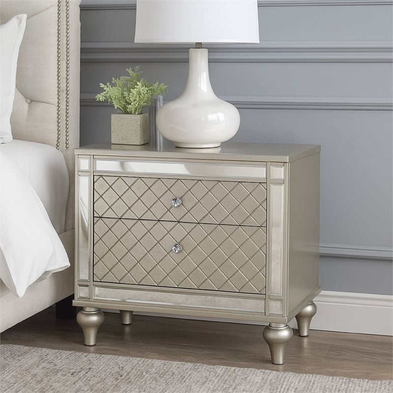 Benjara Cristo Nightstand- 2 Dovetail Drawers- Crystal Knobs- Champagne Silver