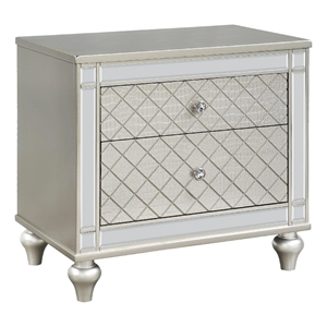 Benjara Cristo Nightstand- 2 Dovetail Drawers- Crystal Knobs- Champagne Silver