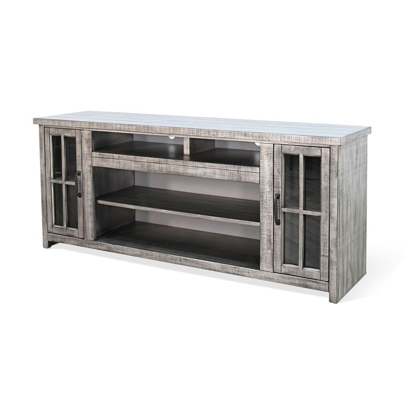 Benjara Leyla TV Stand Media Cabinet- 2 Glass Doors- Shelves- Gray Wood 76 Inch