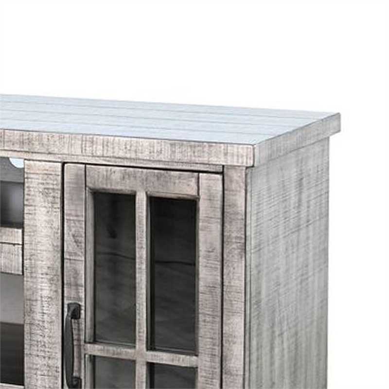 Benjara Leyla TV Stand Media Cabinet- 2 Glass Doors- Shelves- Gray Wood 76 Inch