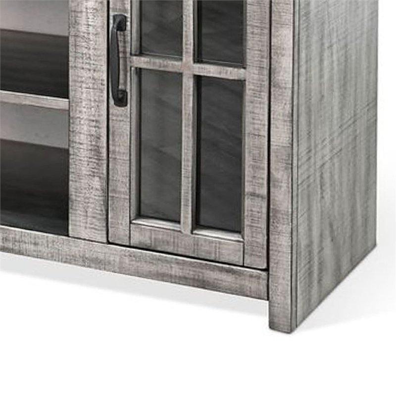 Benjara Leyla TV Stand Media Cabinet- 2 Glass Doors- Shelves- Gray Wood 76 Inch
