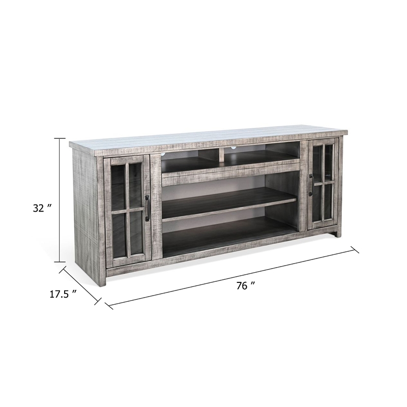 Benjara Leyla TV Stand Media Cabinet- 2 Glass Doors- Shelves- Gray Wood 76 Inch