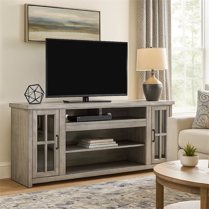 Benjara Leyla TV Stand Media Cabinet- 2 Glass Doors- Shelves- Gray Wood 76 Inch