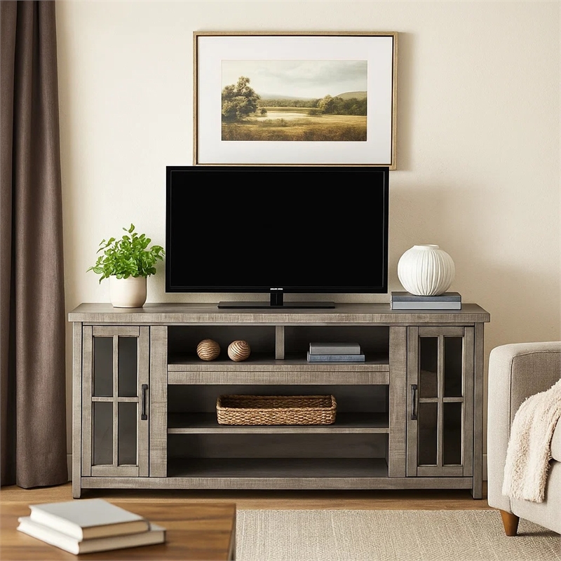 Benjara Leyla TV Stand Media Cabinet- 2 Glass Doors- Shelves- Gray Wood 76 Inch