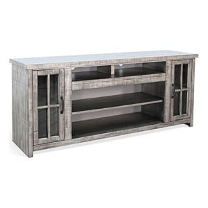 Benjara Leyla TV Stand Media Cabinet- 2 Glass Doors- Shelves- Gray Wood 76 Inch