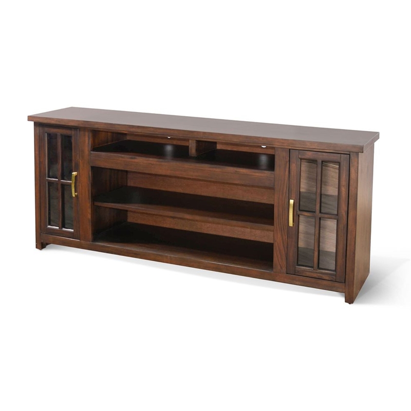 Benjara Leyla TV Stand Media Cabinet- 2 Glass Doors- Shelves- Brown Wood 76 Inch