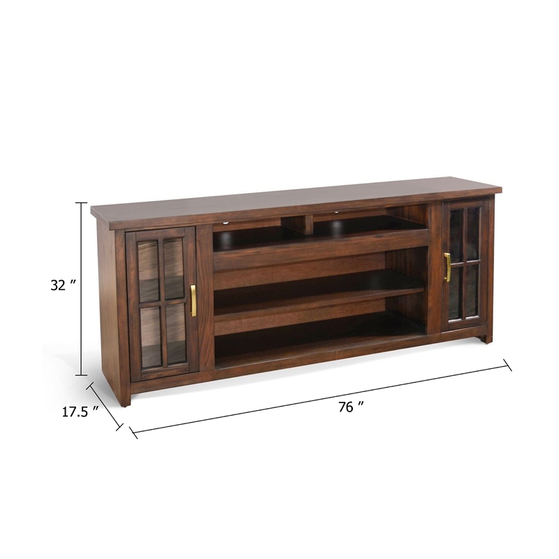 Benjara Leyla TV Stand Media Cabinet- 2 Glass Doors- Shelves- Brown Wood 76 Inch