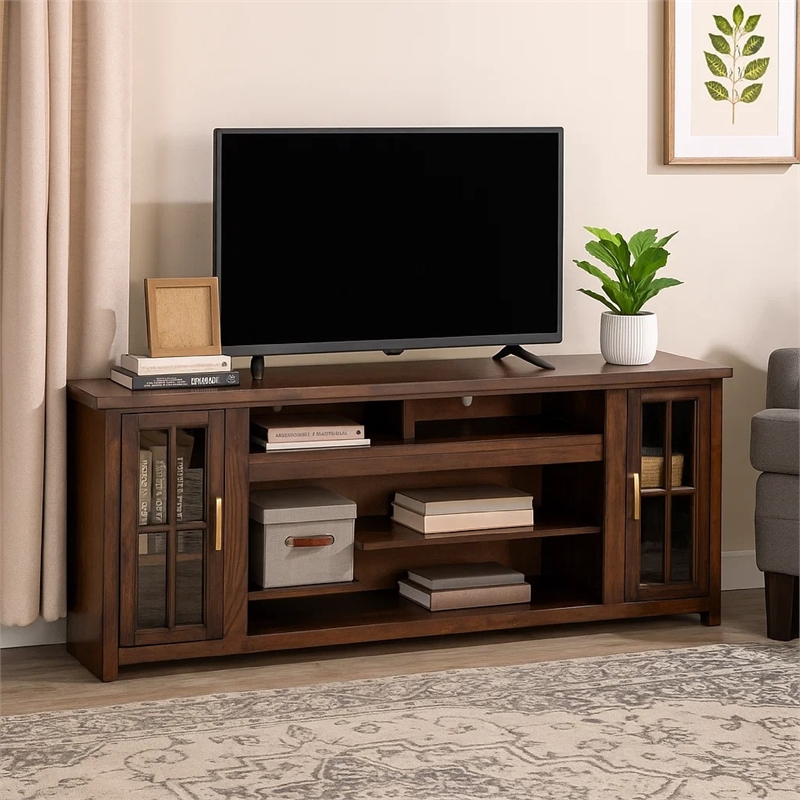 Benjara Leyla TV Stand Media Cabinet- 2 Glass Doors- Shelves- Brown Wood 76 Inch