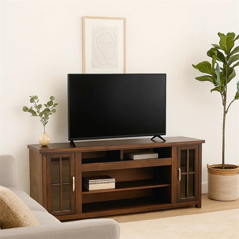 Benjara Leyla TV Stand Media Cabinet- 2 Glass Doors- Shelves- Brown Wood 76 Inch
