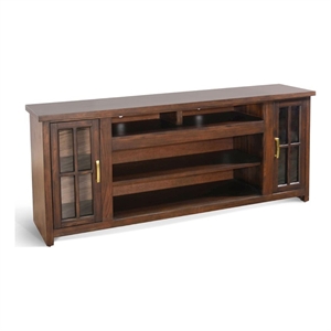 Benjara Leyla TV Stand Media Cabinet- 2 Glass Doors- Shelves- Brown Wood 76 Inch