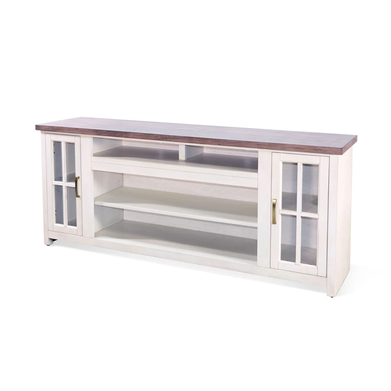 Benjara Leyla TV Stand Media Cabinet- 2 Doors and Shelves- White Wood 76 Inch
