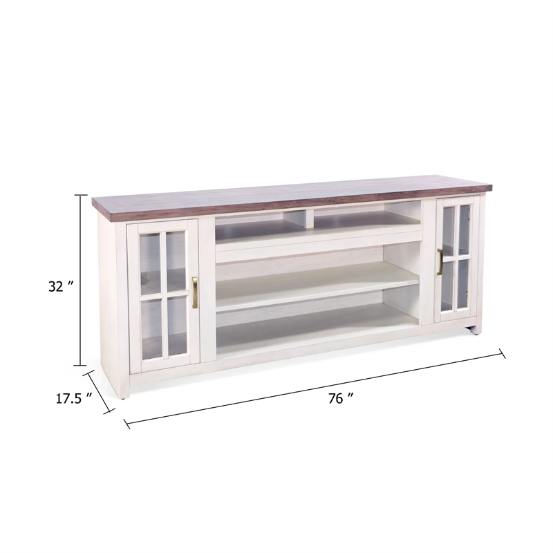 Benjara Leyla TV Stand Media Cabinet- 2 Doors and Shelves- White Wood 76 Inch