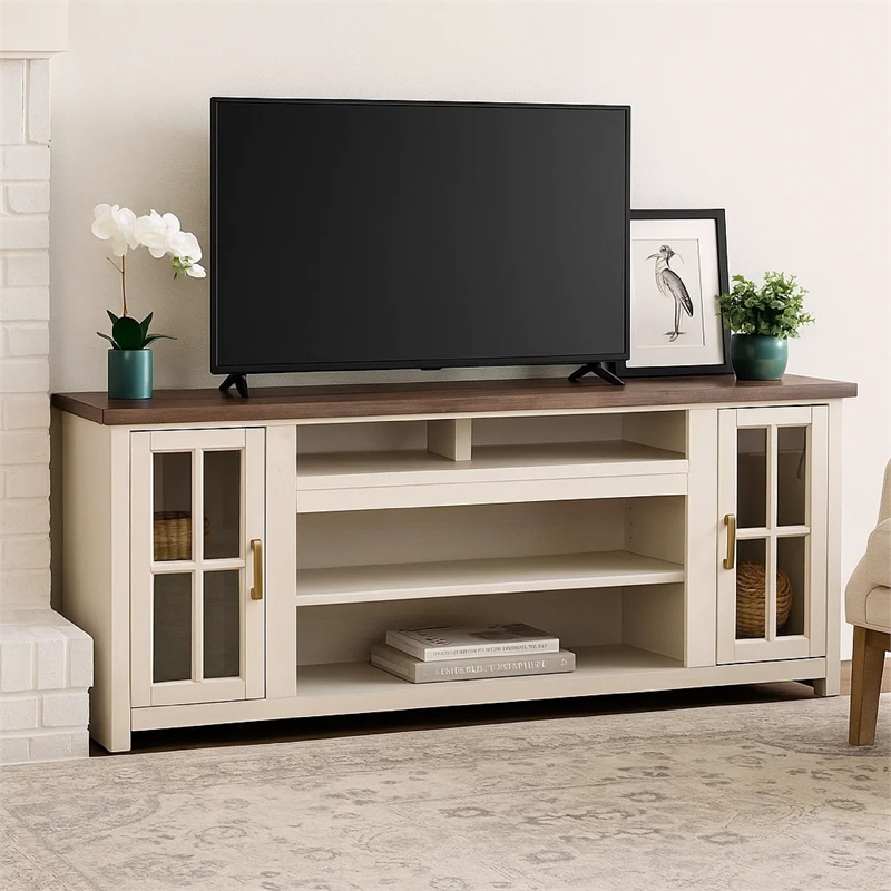 Benjara Leyla TV Stand Media Cabinet- 2 Doors and Shelves- White Wood 76 Inch