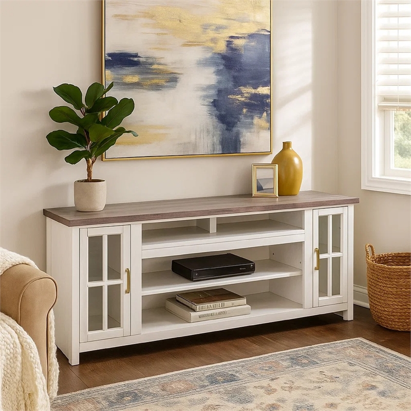 Benjara Leyla TV Stand Media Cabinet- 2 Doors and Shelves- White Wood 76 Inch