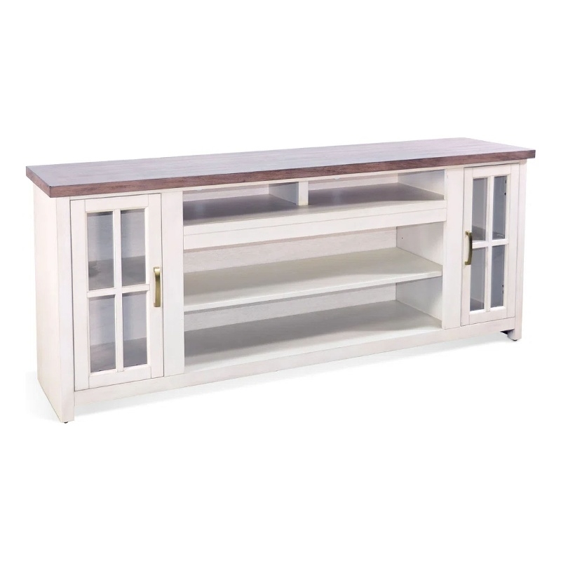 Benjara Leyla TV Stand Media Cabinet- 2 Doors and Shelves- White Wood 76 Inch