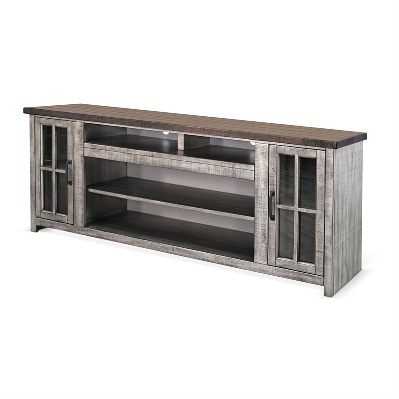 Benjara Leyla TV Stand Media Cabinet- 2 Doors- Shelves- Gray-Brown Wood 76 Inch