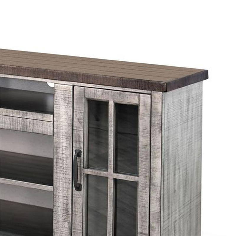 Benjara Leyla TV Stand Media Cabinet- 2 Doors- Shelves- Gray-Brown Wood 76 Inch