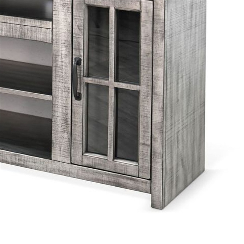 Benjara Leyla TV Stand Media Cabinet- 2 Doors- Shelves- Gray-Brown Wood 76 Inch