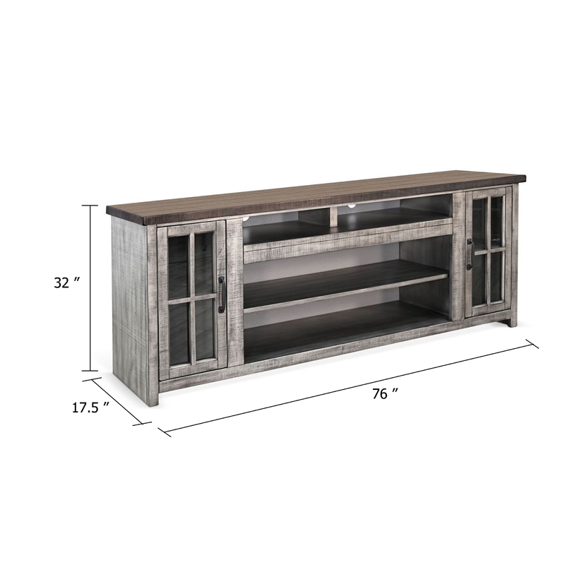 Benjara Leyla TV Stand Media Cabinet- 2 Doors- Shelves- Gray-Brown Wood 76 Inch