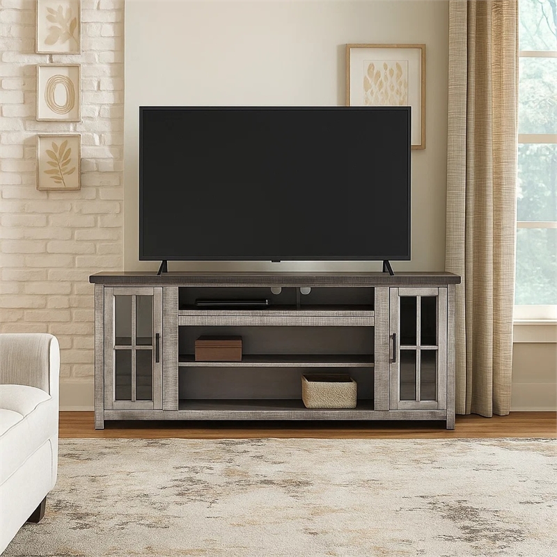Benjara Leyla TV Stand Media Cabinet- 2 Doors- Shelves- Gray-Brown Wood 76 Inch